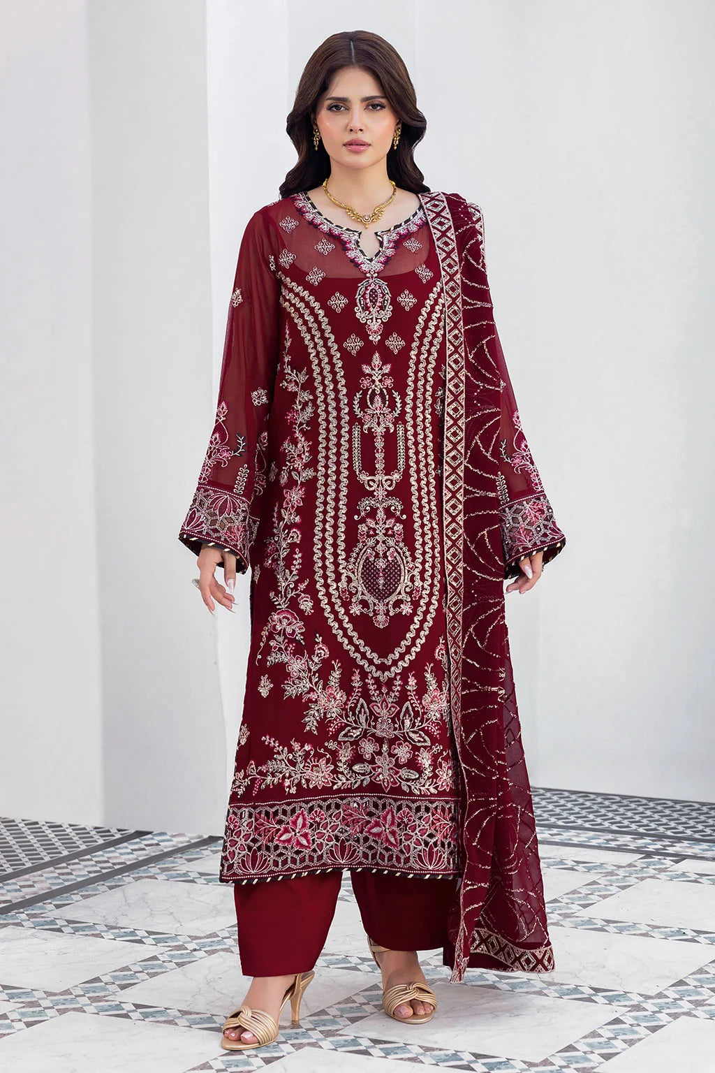 Maroon Embroidered Chiffon Unstitched 3 Piece Suit | Rosh Creations