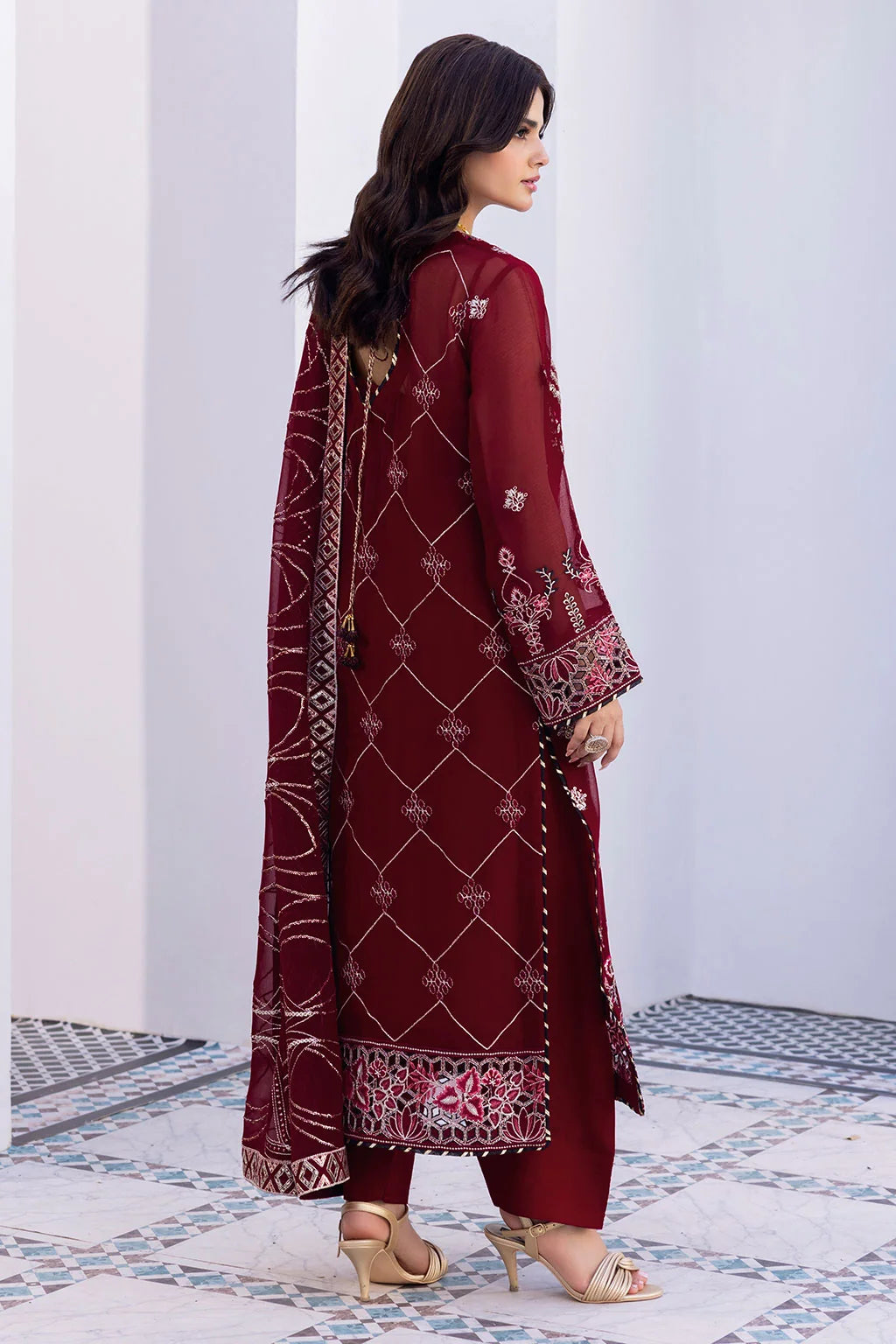 Maroon Embroidered Chiffon Unstitched 3 Piece Suit | Rosh Creations