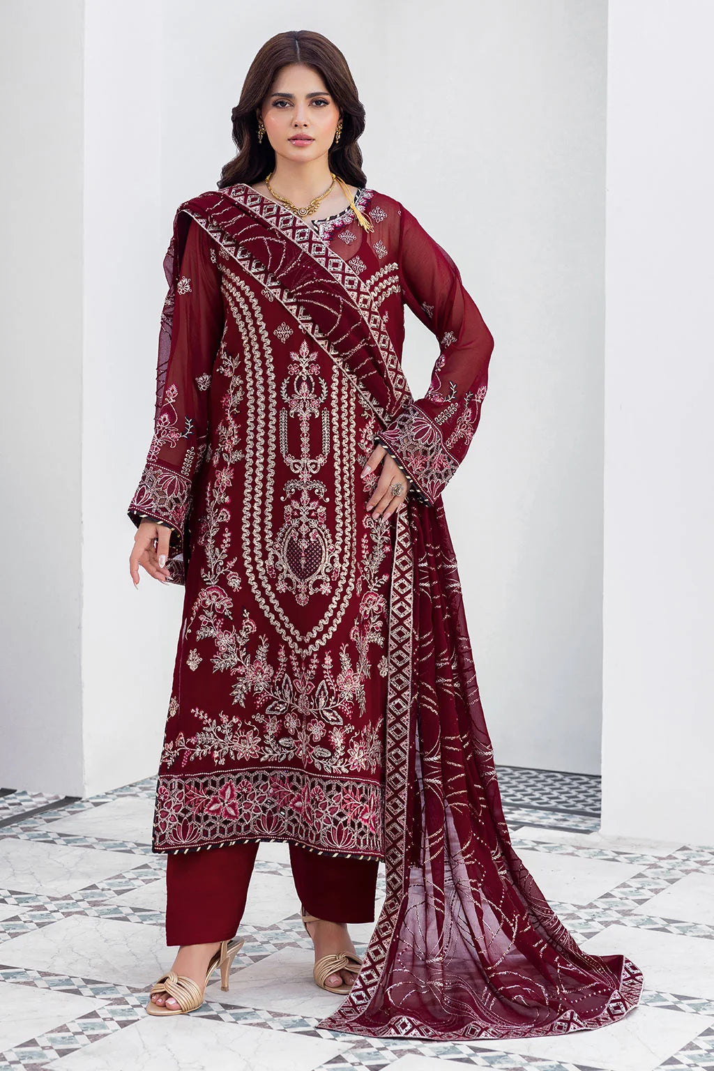 Maroon Embroidered Chiffon Unstitched 3 Piece Suit | Rosh Creations