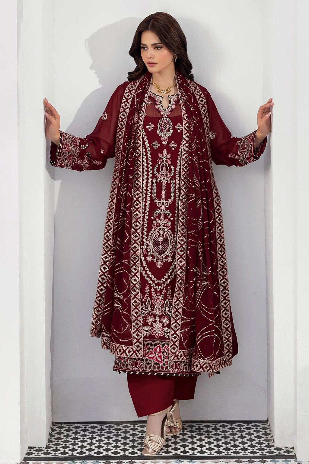 Maroon Embroidered Chiffon Unstitched 3 Piece Suit | Rosh Creations