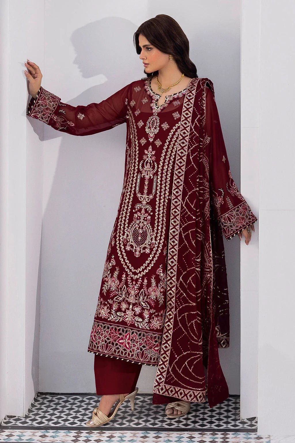 Maroon Embroidered Chiffon Unstitched 3 Piece Suit | Rosh Creations