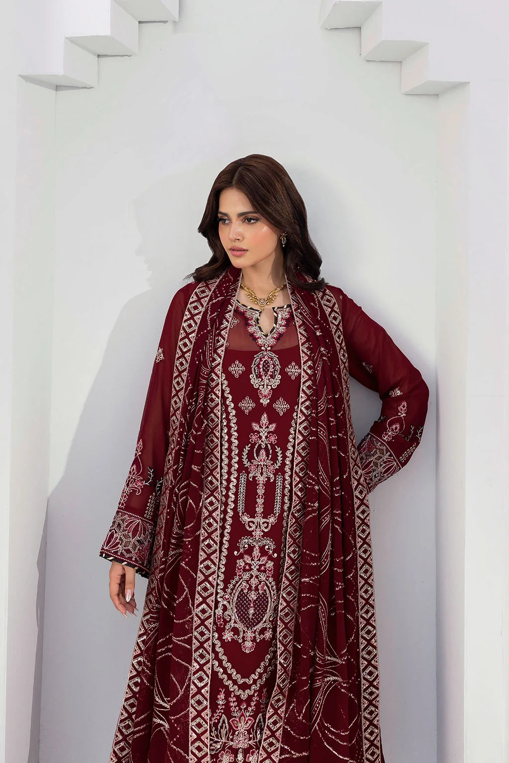 Maroon Embroidered Chiffon Unstitched 3 Piece Suit | Rosh Creations