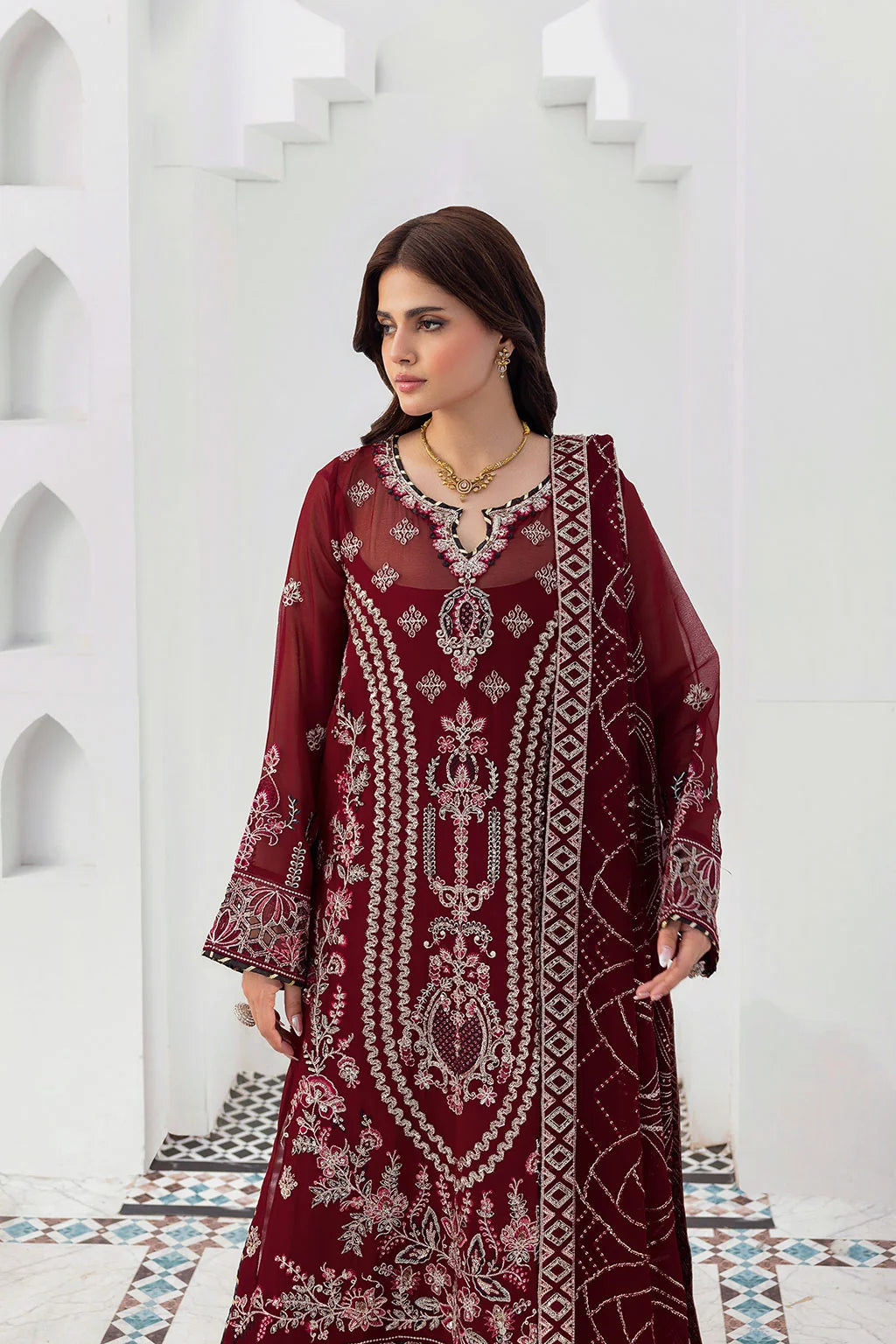 Maroon Embroidered Chiffon Unstitched 3 Piece Suit | Rosh Creations