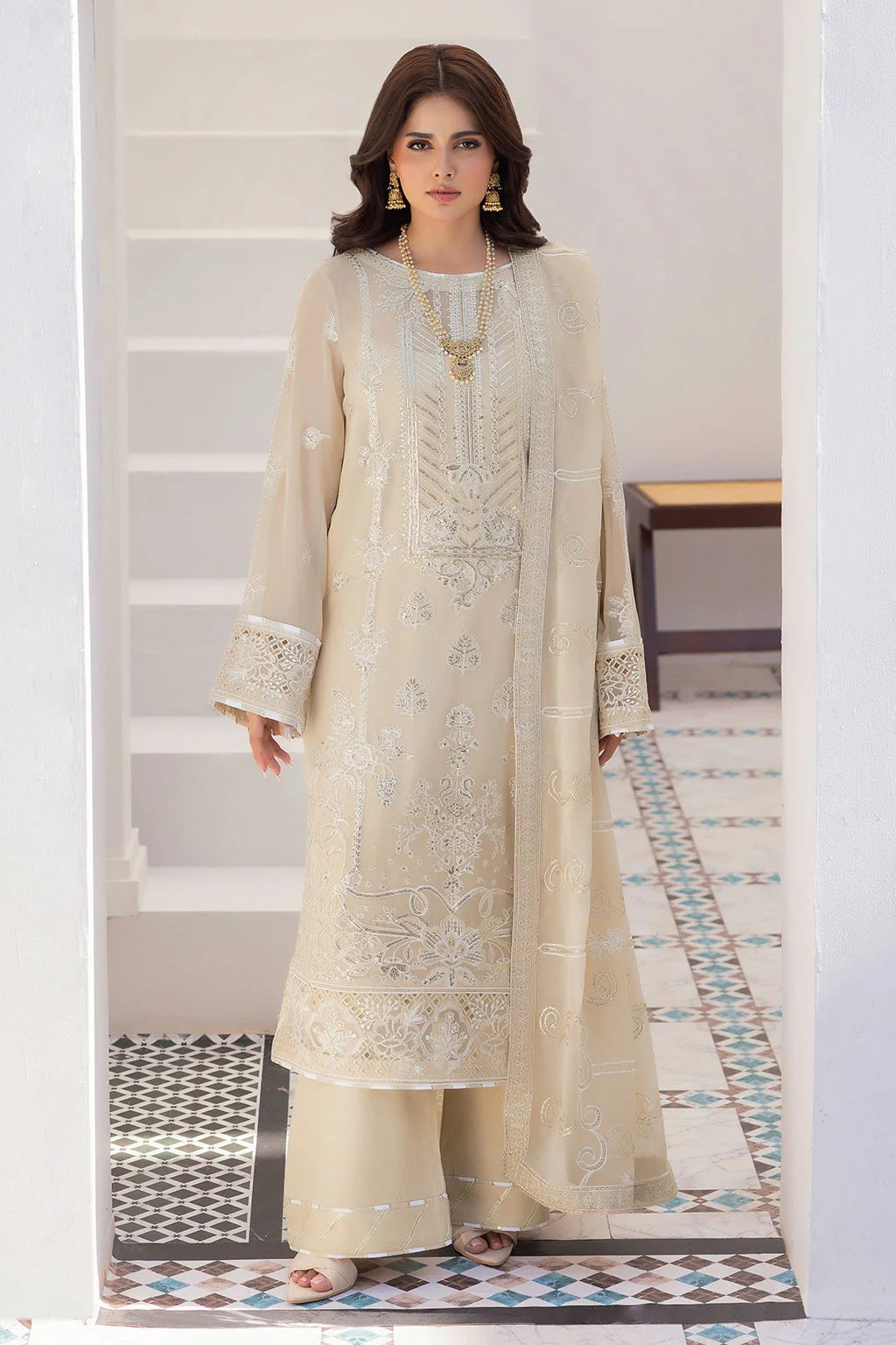 Champagne Embroidered Chiffon Unstitched 3 Piece Suit | Rosh Creations