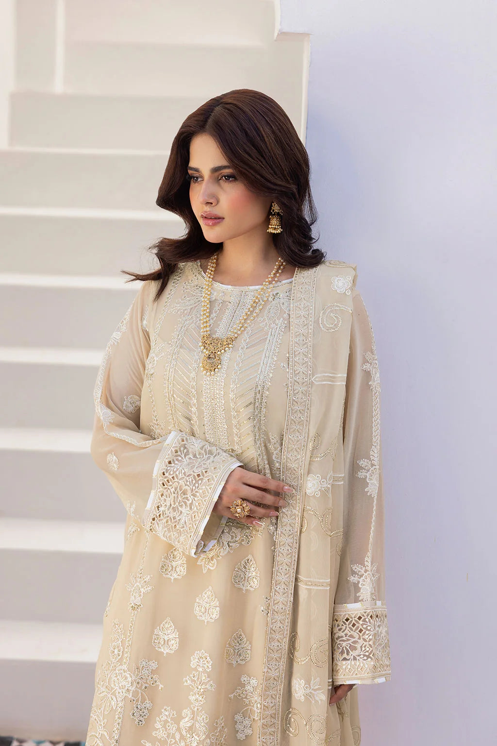 Champagne Embroidered Chiffon Unstitched 3 Piece Suit | Rosh Creations