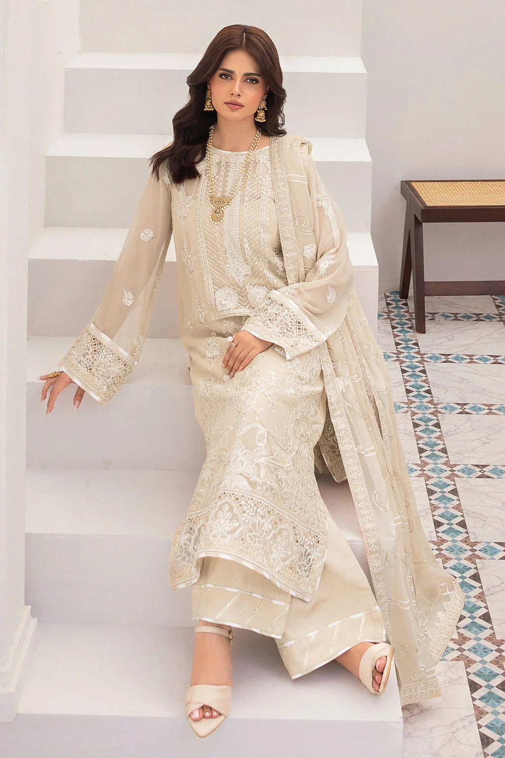 Champagne Embroidered Chiffon Unstitched 3 Piece Suit | Rosh Creations