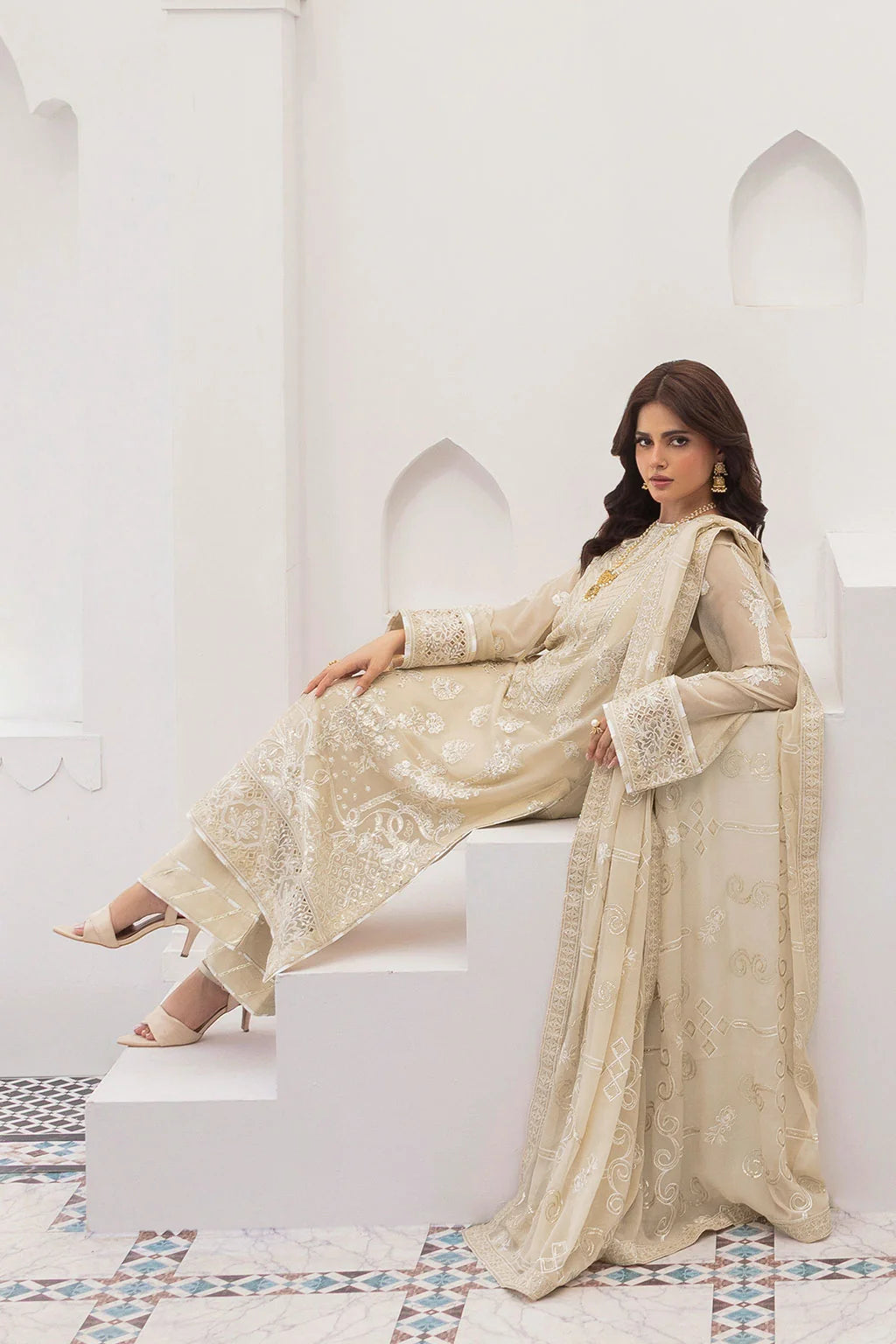Champagne Embroidered Chiffon Unstitched 3 Piece Suit | Rosh Creations
