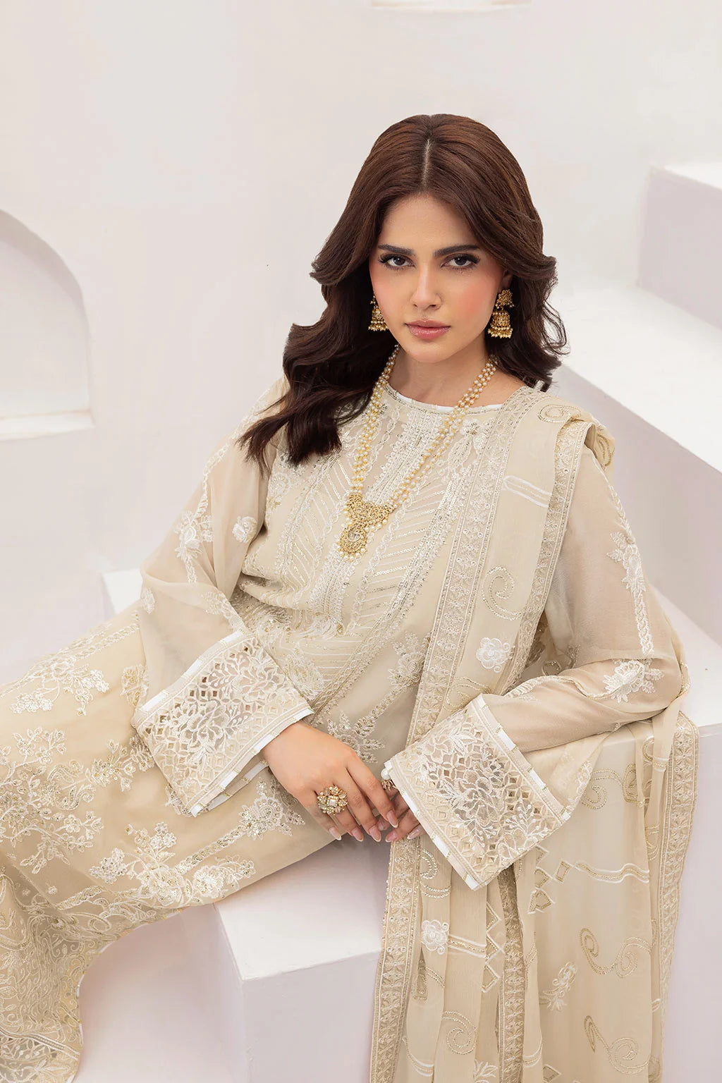 Champagne Embroidered Chiffon Unstitched 3 Piece Suit | Rosh Creations