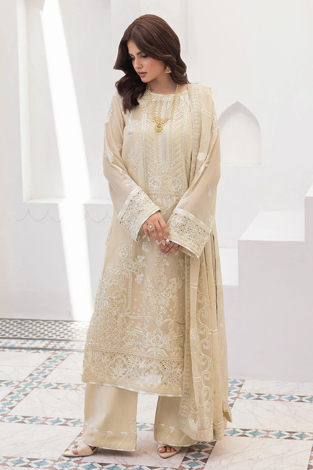 Champagne Embroidered Chiffon Unstitched 3 Piece Suit | Rosh Creations
