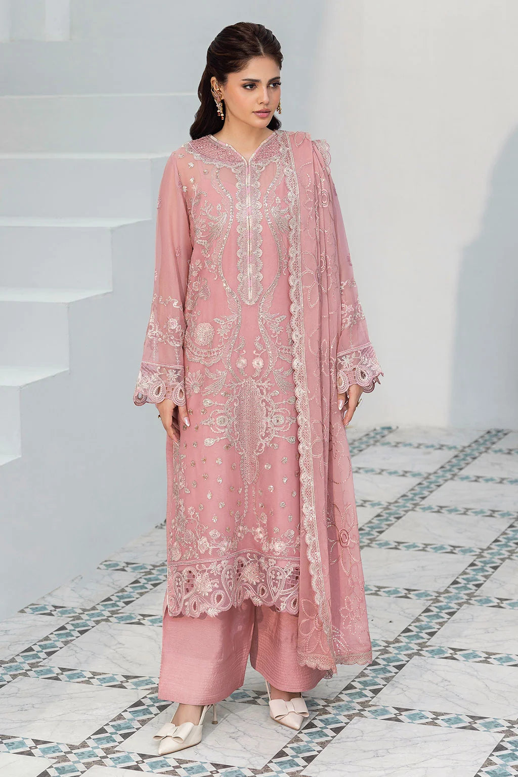 Blush Pink Embroidered Chiffon Unstitched 3 Piece Suit | Rosh Creations