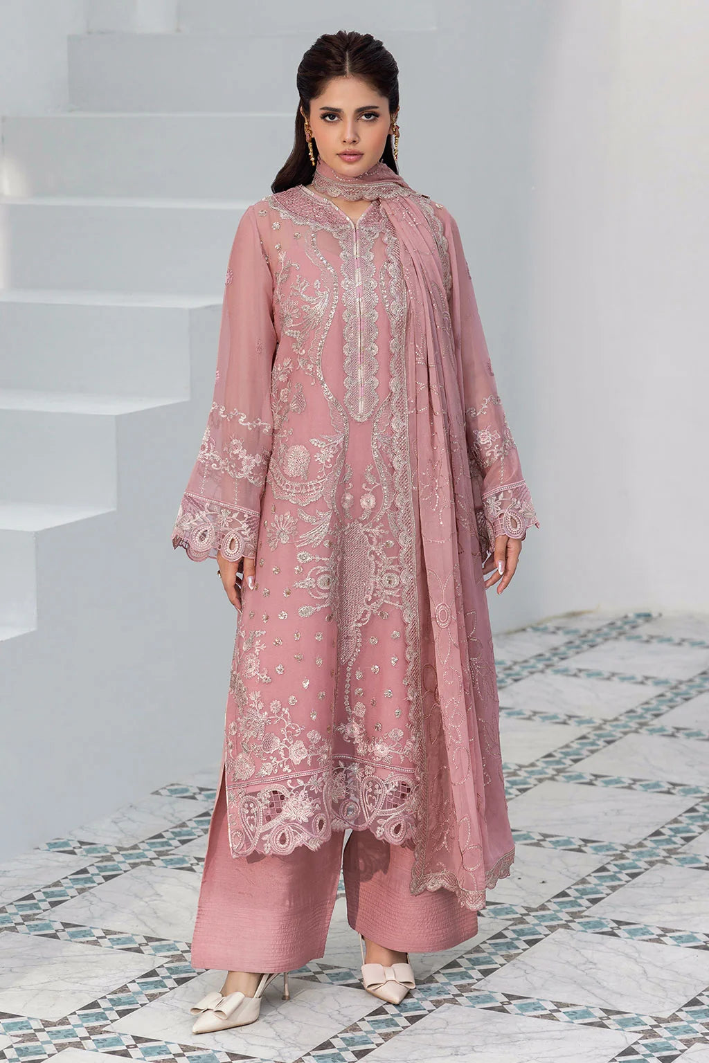Blush Pink Embroidered Chiffon Unstitched 3 Piece Suit | Rosh Creations