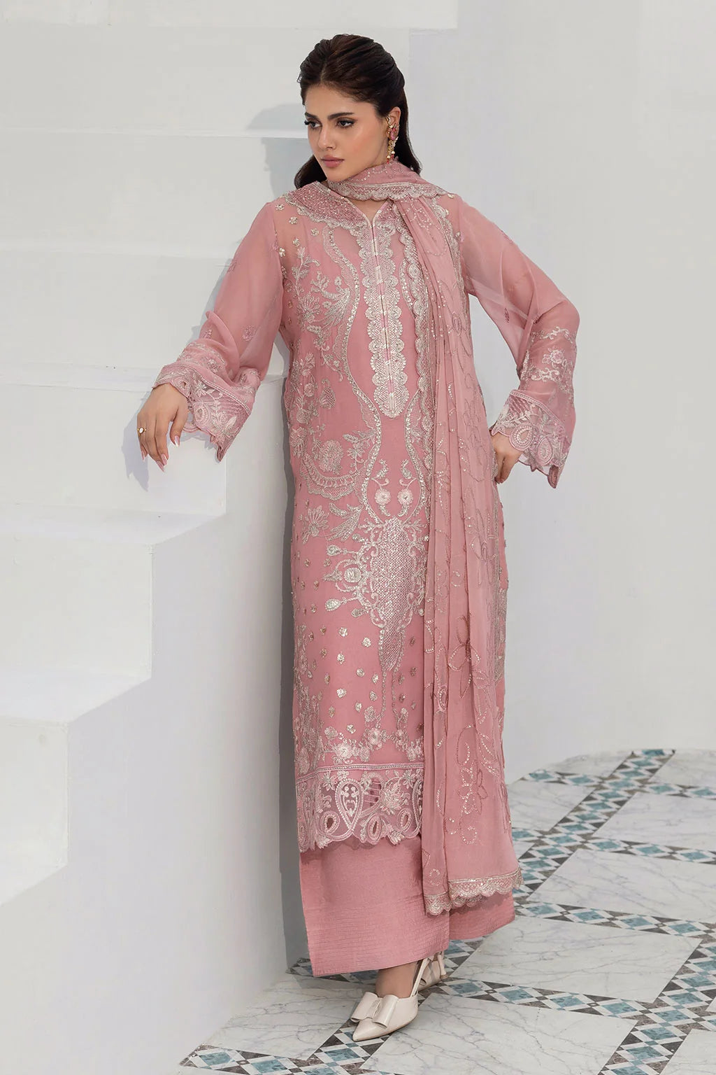 Blush Pink Embroidered Chiffon Unstitched 3 Piece Suit | Rosh Creations