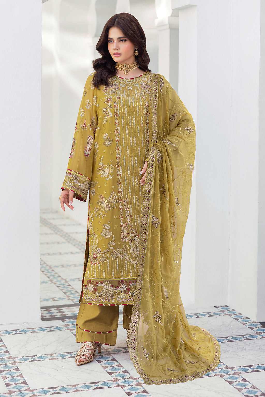 Olive Gold Embroidered Chiffon Unstitched 3 Piece Suit | Rosh Creations