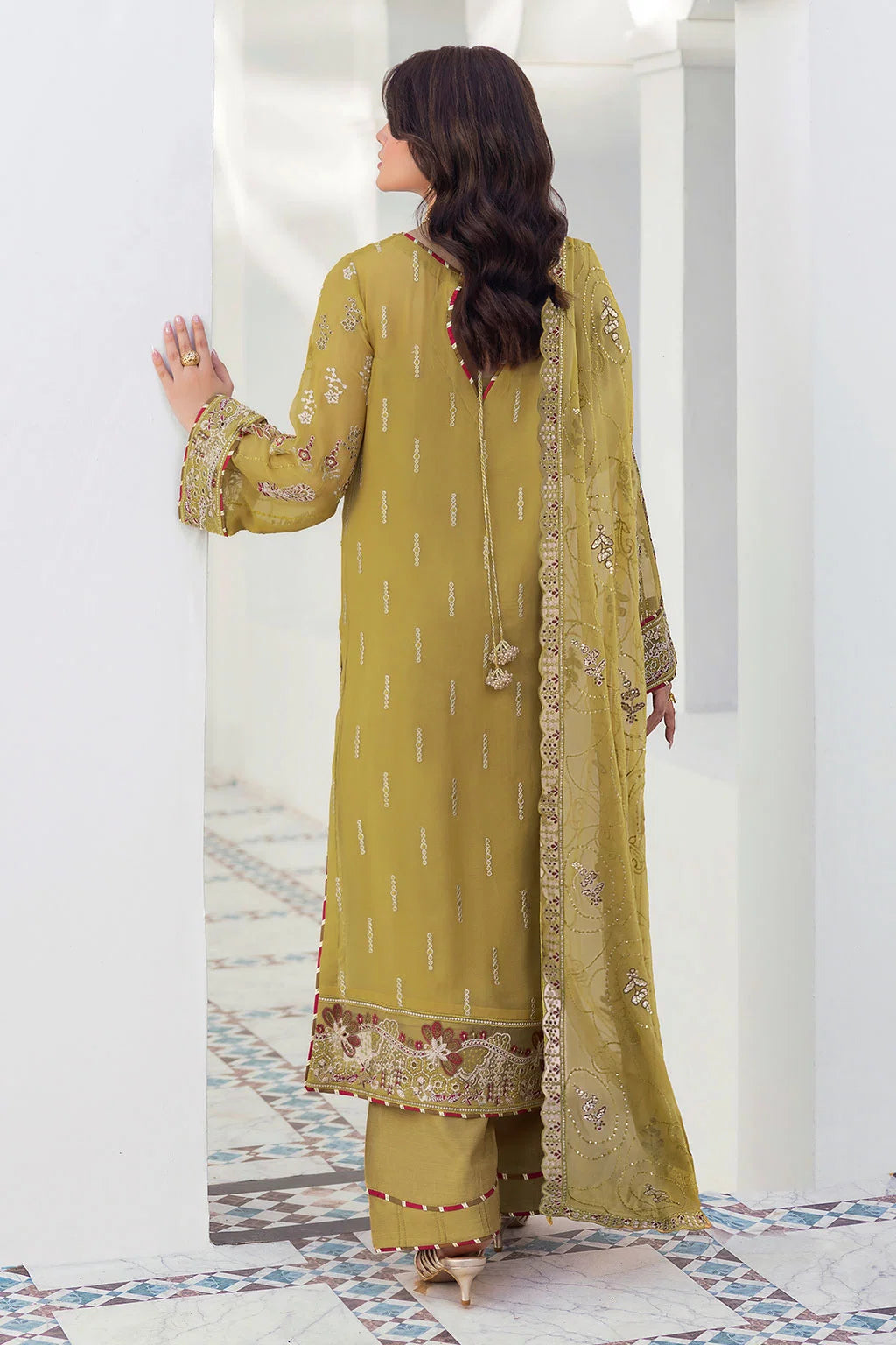 Olive Gold Embroidered Chiffon Unstitched 3 Piece Suit | Rosh Creations