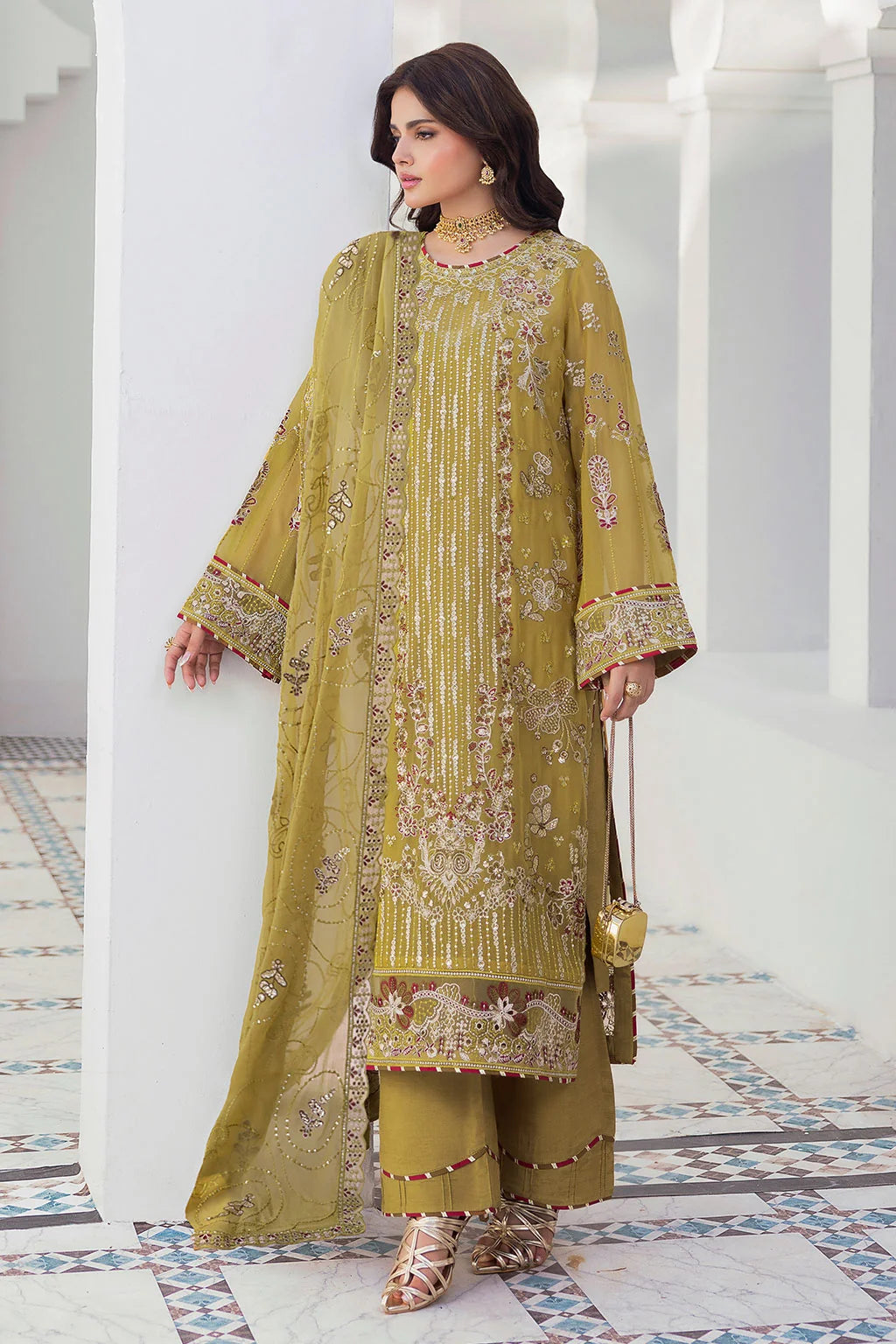 Olive Gold Embroidered Chiffon Unstitched 3 Piece Suit | Rosh Creations