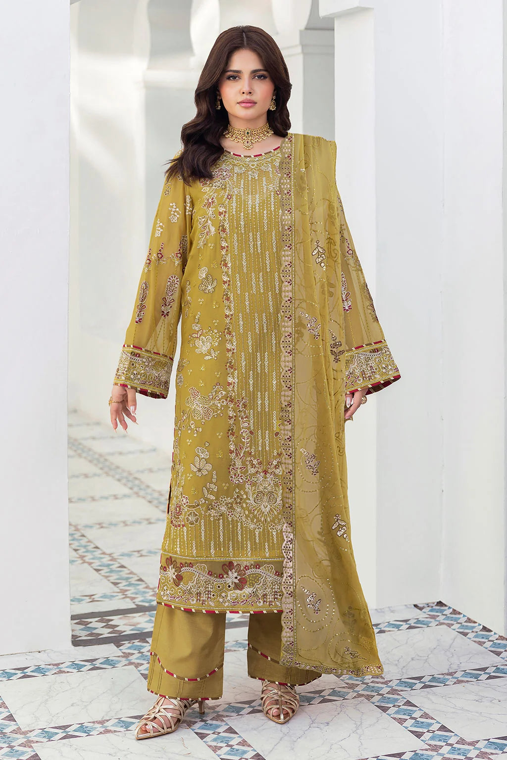 Olive Gold Embroidered Chiffon Unstitched 3 Piece Suit | Rosh Creations