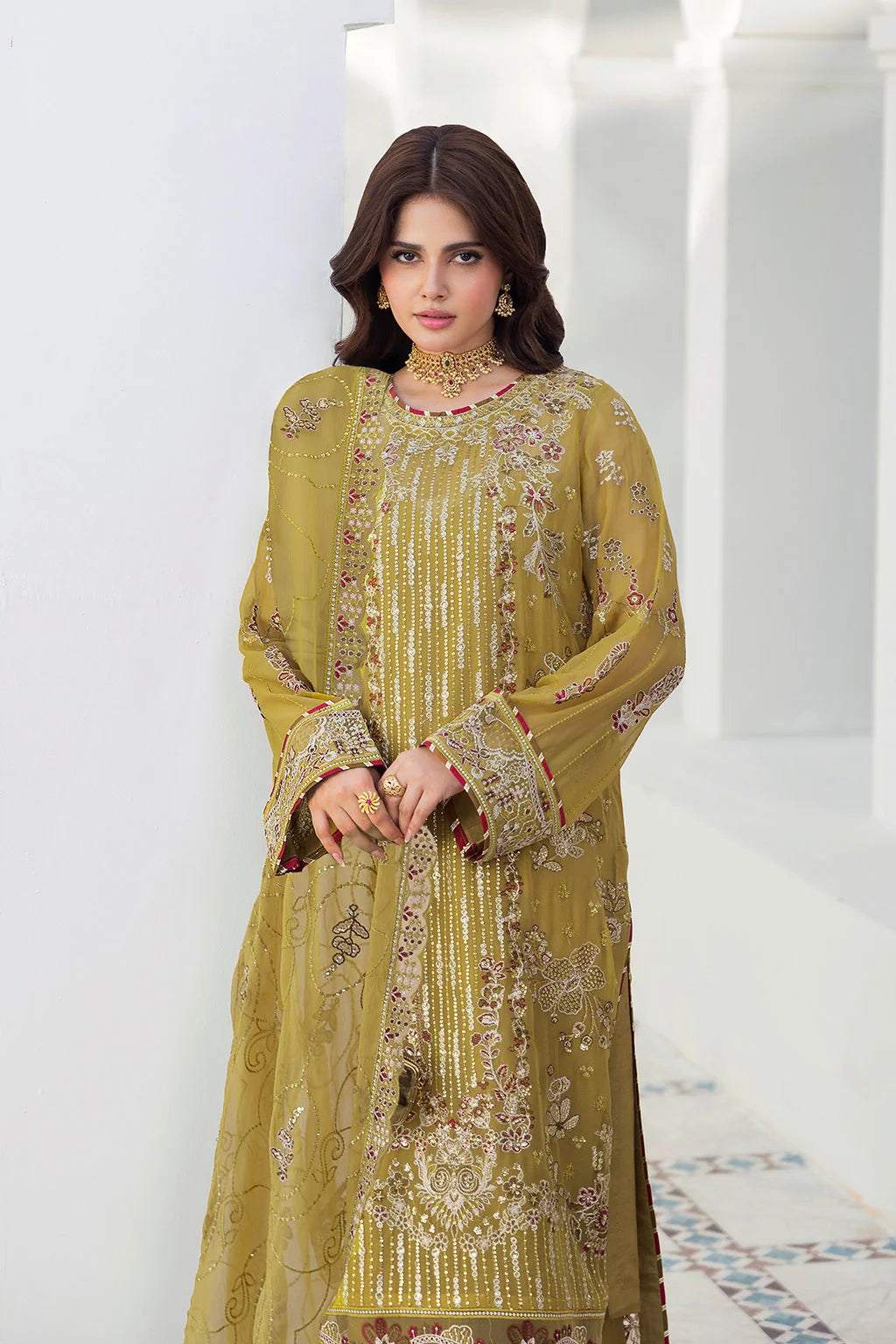 Olive Gold Embroidered Chiffon Unstitched 3 Piece Suit | Rosh Creations