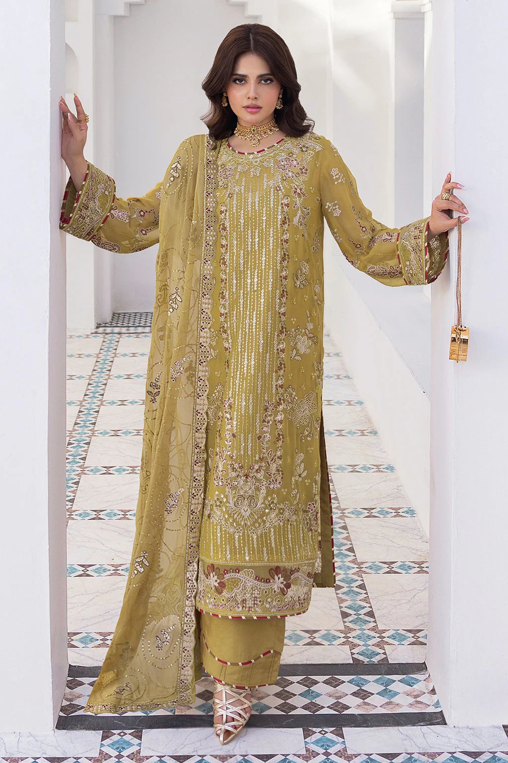 Olive Gold Embroidered Chiffon Unstitched 3 Piece Suit | Rosh Creations