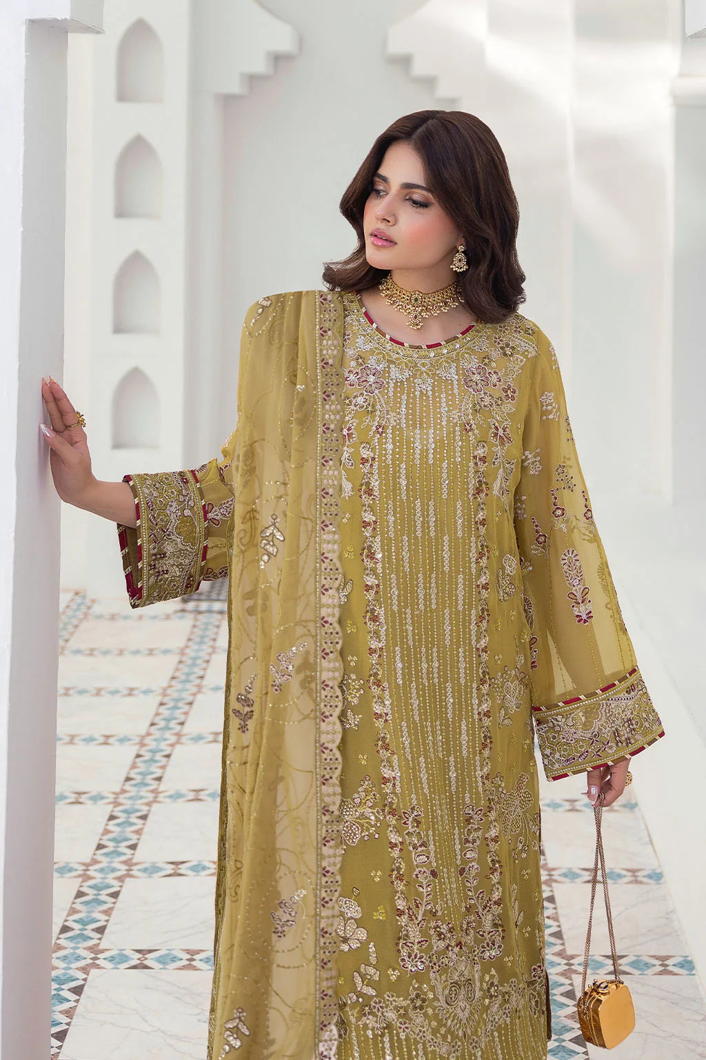 Olive Gold Embroidered Chiffon Unstitched 3 Piece Suit | Rosh Creations