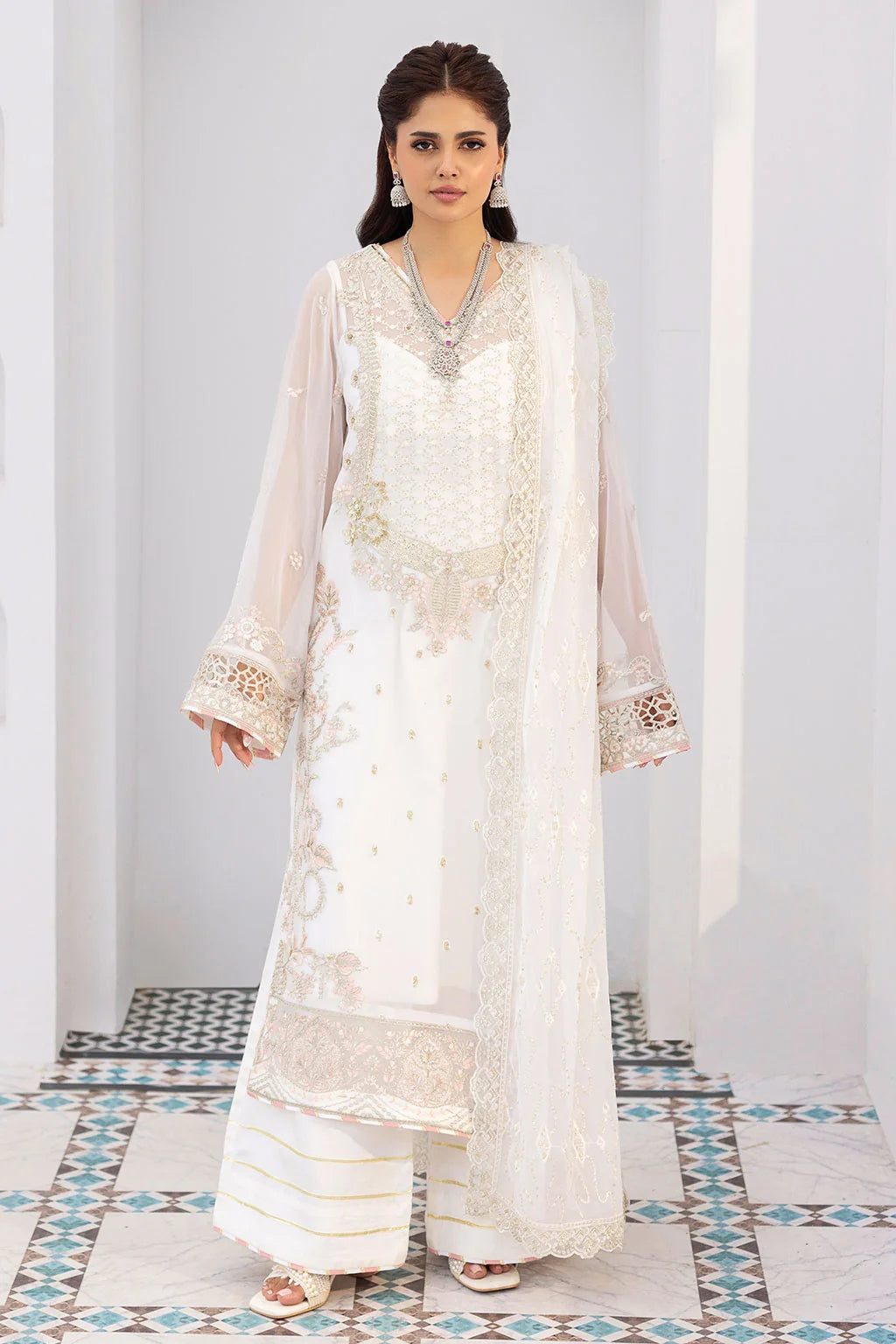 Ivory Embroidered Chiffon Unstitched 3 Piece Suit | Rosh Creations