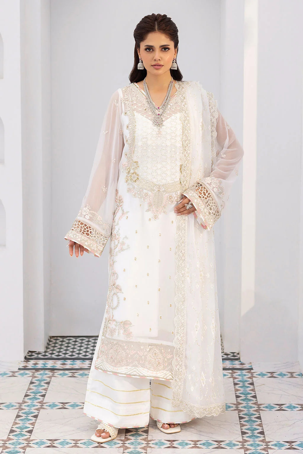 Ivory Embroidered Chiffon Unstitched 3 Piece Suit | Rosh Creations