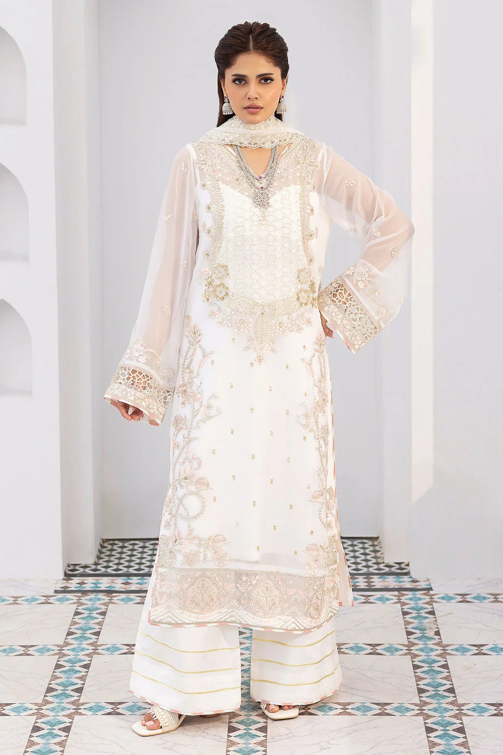 Ivory Embroidered Chiffon Unstitched 3 Piece Suit | Rosh Creations