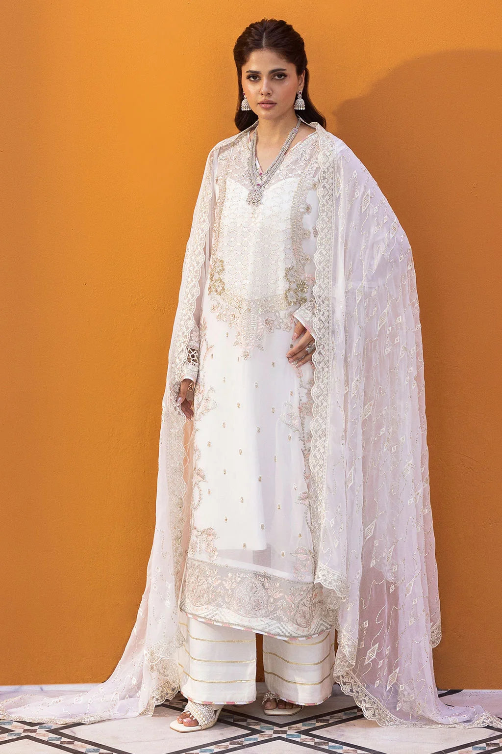 Ivory Embroidered Chiffon Unstitched 3 Piece Suit | Rosh Creations