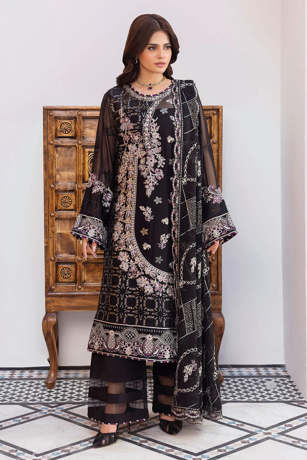 Black Embroidered Chiffon Unstitched 3 Piece Suit | Rosh Creations