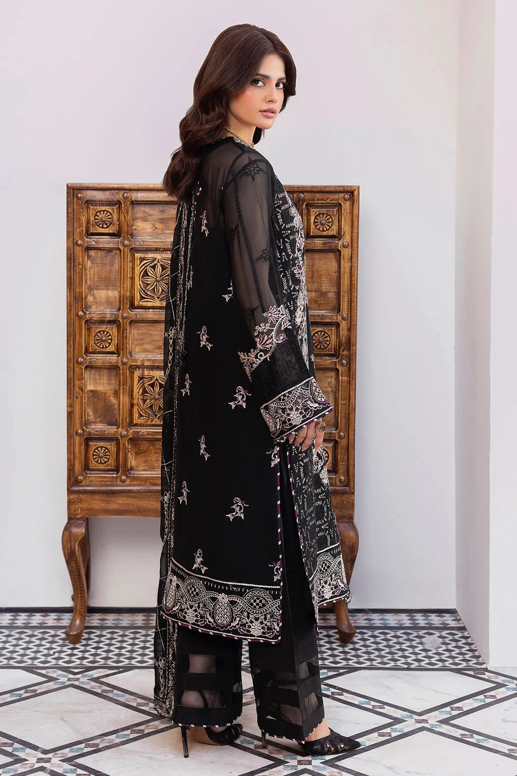Black Embroidered Chiffon Unstitched 3 Piece Suit | Rosh Creations