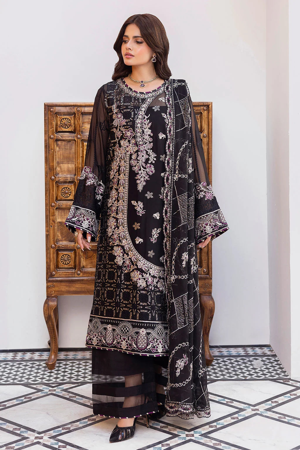 Black Embroidered Chiffon Unstitched 3 Piece Suit | Rosh Creations