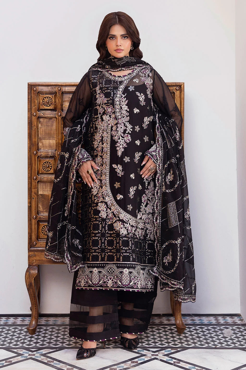 Black Embroidered Chiffon Unstitched 3 Piece Suit | Rosh Creations