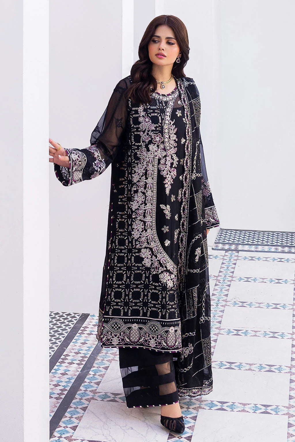 Black Embroidered Chiffon Unstitched 3 Piece Suit | Rosh Creations