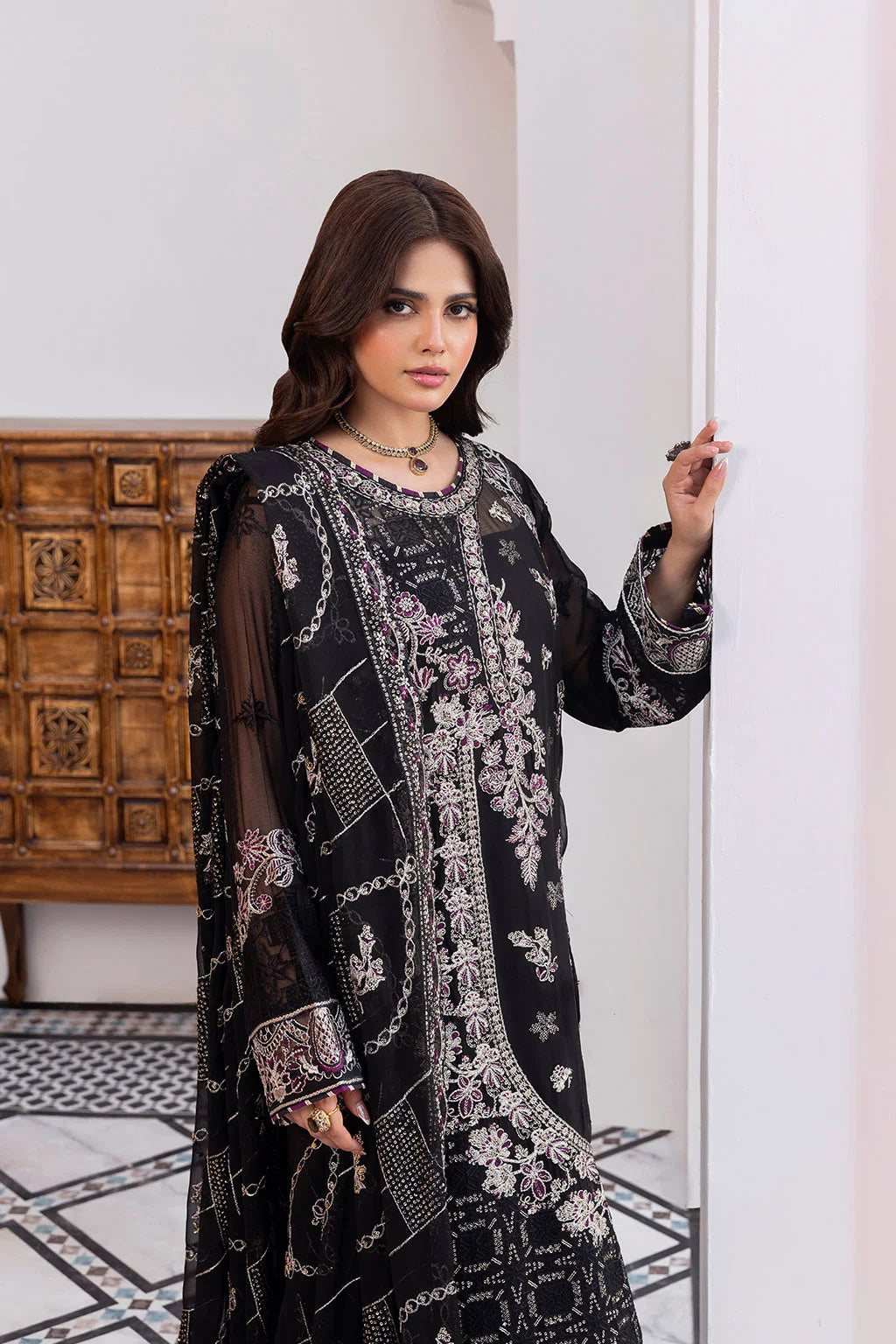 Black Embroidered Chiffon Unstitched 3 Piece Suit | Rosh Creations