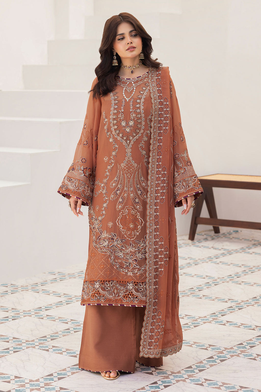 Rust Embroidered Chiffon Unstitched 3 Piece Suit | Rosh Creations