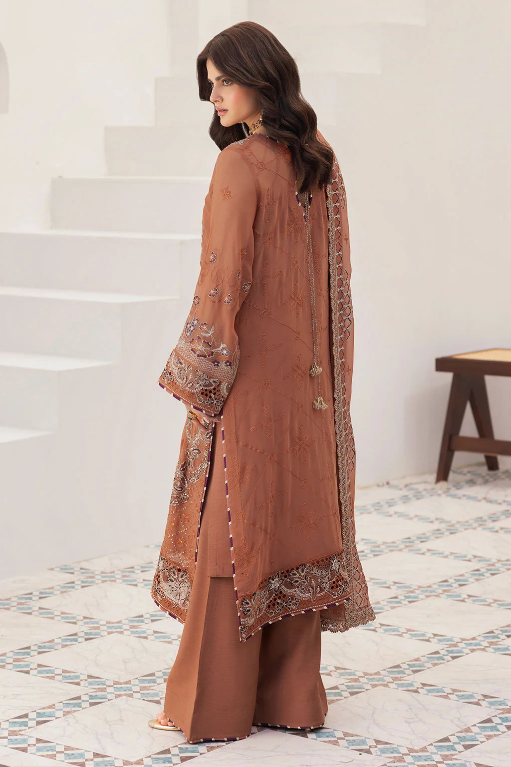 Rust Embroidered Chiffon Unstitched 3 Piece Suit | Rosh Creations