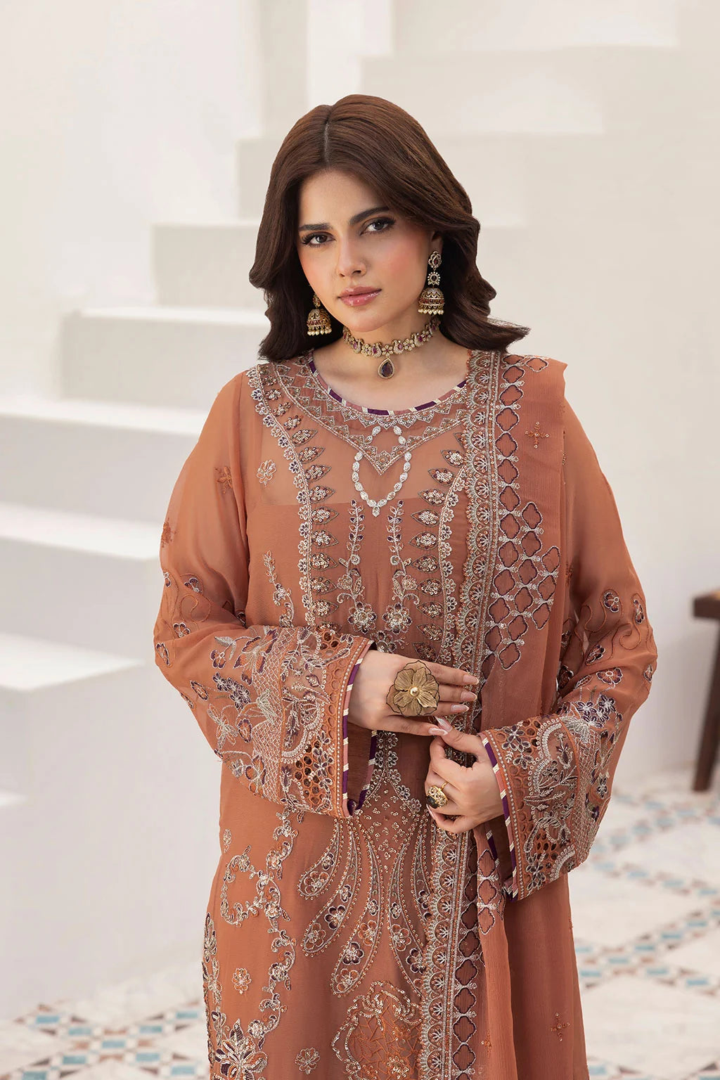 Rust Embroidered Chiffon Unstitched 3 Piece Suit | Rosh Creations