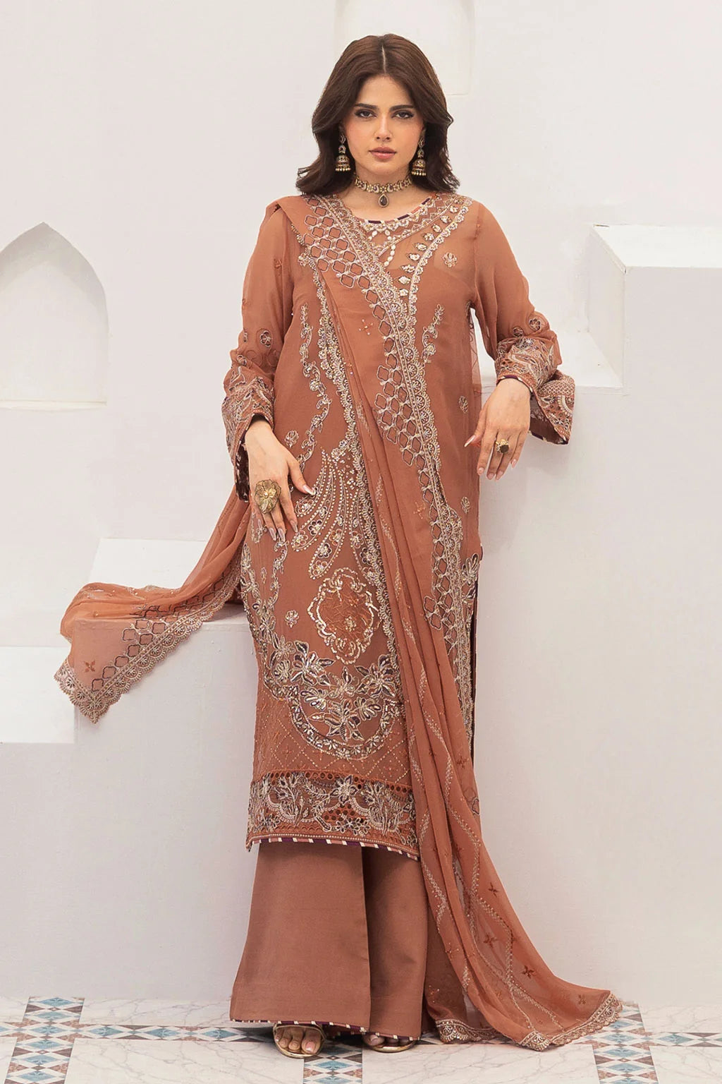 Rust Embroidered Chiffon Unstitched 3 Piece Suit | Rosh Creations