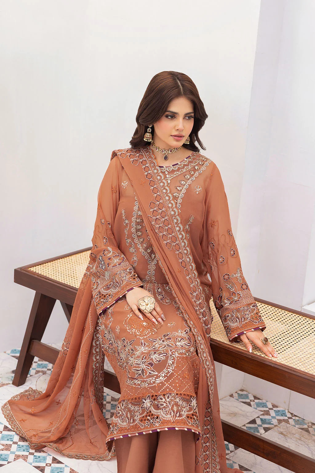 Rust Embroidered Chiffon Unstitched 3 Piece Suit | Rosh Creations