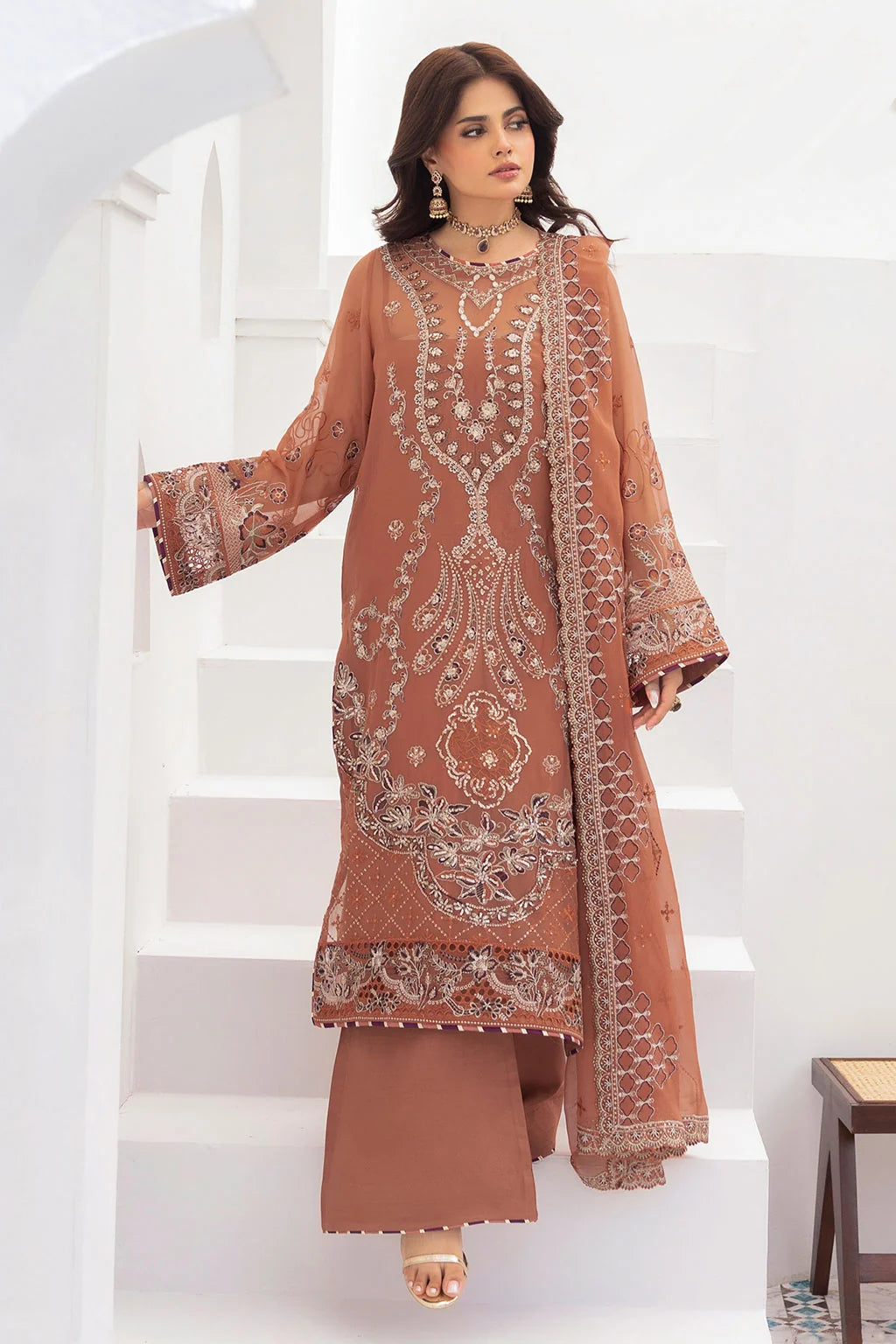 Rust Embroidered Chiffon Unstitched 3 Piece Suit | Rosh Creations