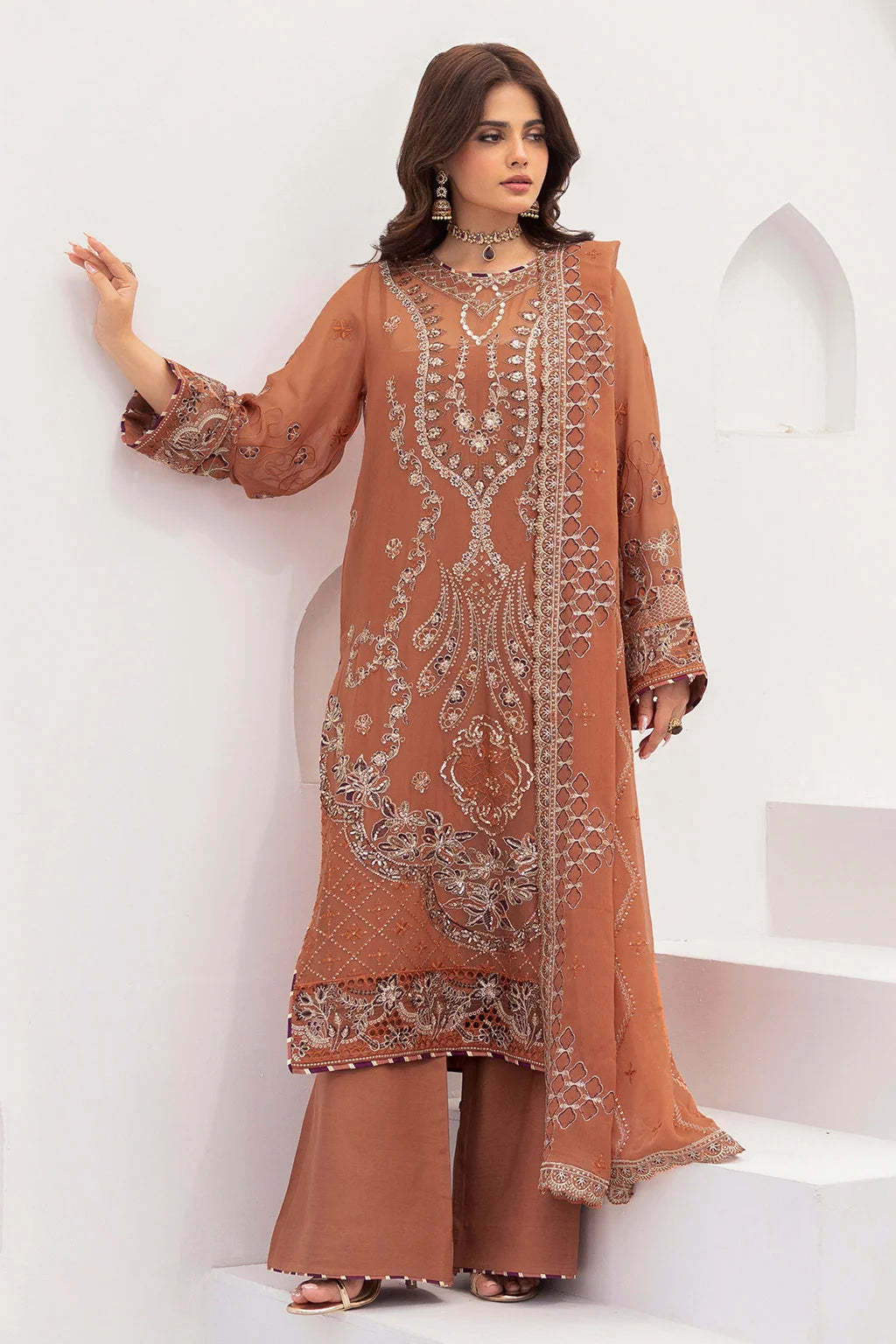 Rust Embroidered Chiffon Unstitched 3 Piece Suit | Rosh Creations