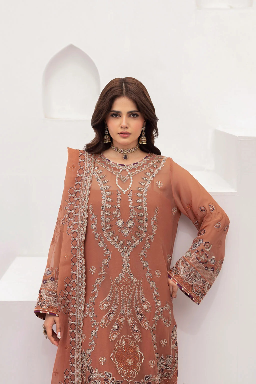 Rust Embroidered Chiffon Unstitched 3 Piece Suit | Rosh Creations