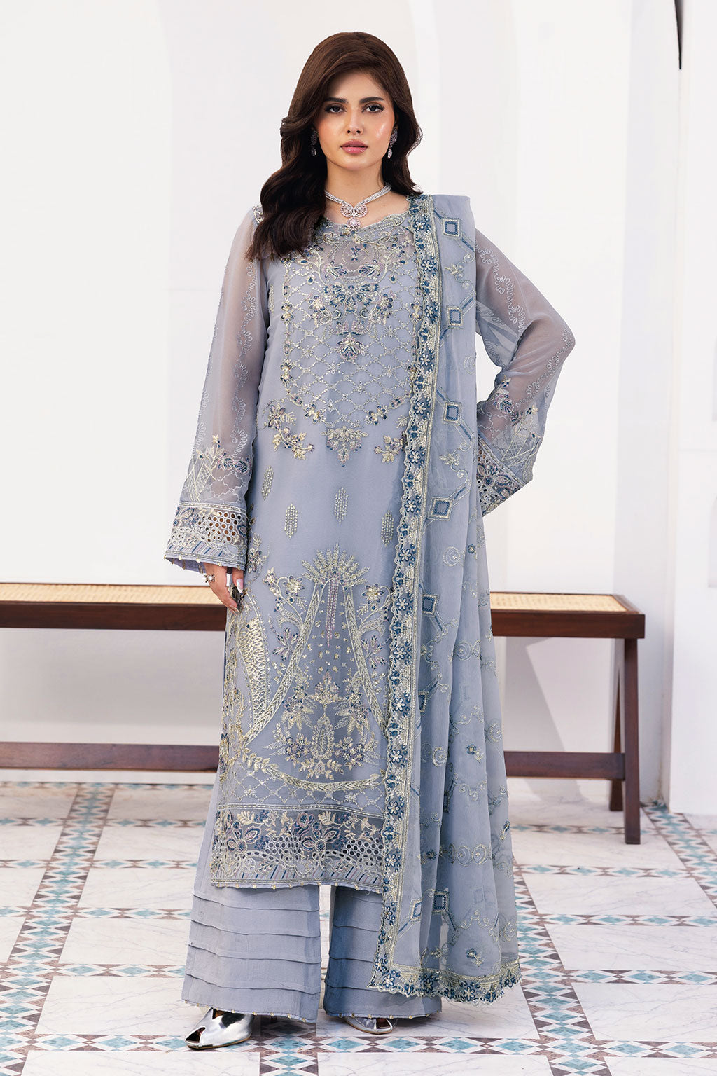 Dusty Blue Embroidered Chiffon Unstitched 3 Piece Suit | Rosh Creations