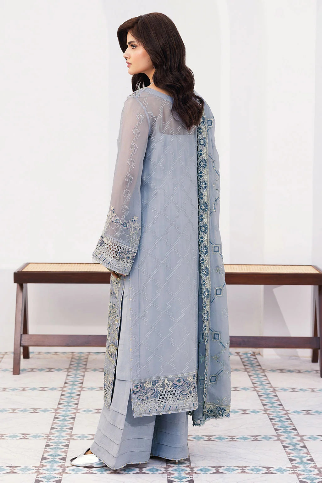 Dusty Blue Embroidered Chiffon Unstitched 3 Piece Suit | Rosh Creations