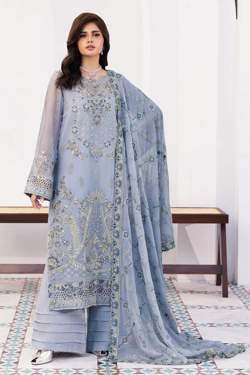 Dusty Blue Embroidered Chiffon Unstitched 3 Piece Suit | Rosh Creations
