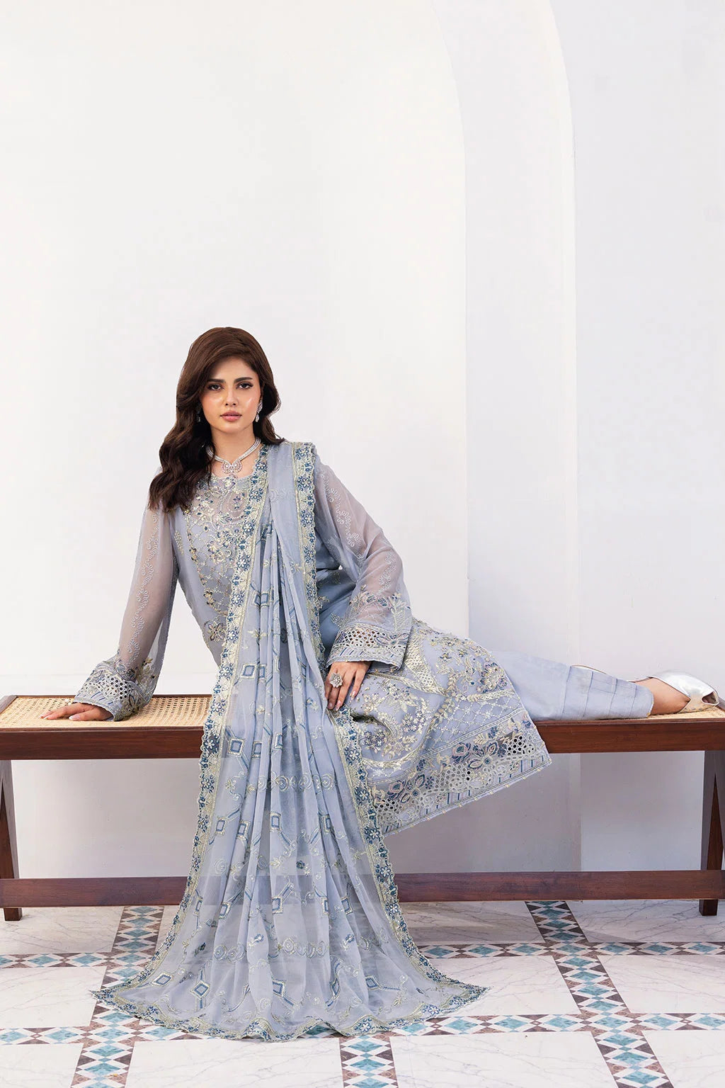 Dusty Blue Embroidered Chiffon Unstitched 3 Piece Suit | Rosh Creations