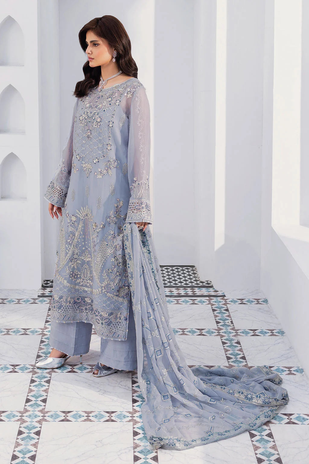 Dusty Blue Embroidered Chiffon Unstitched 3 Piece Suit | Rosh Creations
