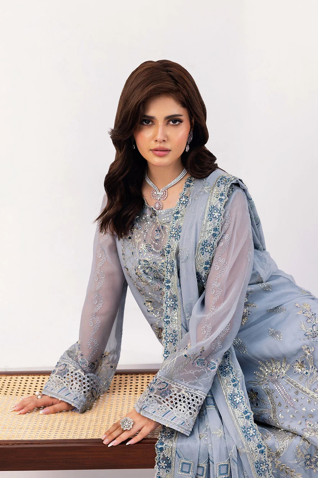Dusty Blue Embroidered Chiffon Unstitched 3 Piece Suit | Rosh Creations