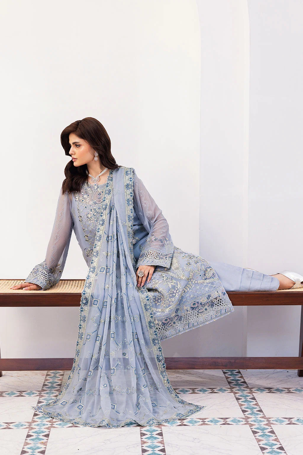 Dusty Blue Embroidered Chiffon Unstitched 3 Piece Suit | Rosh Creations