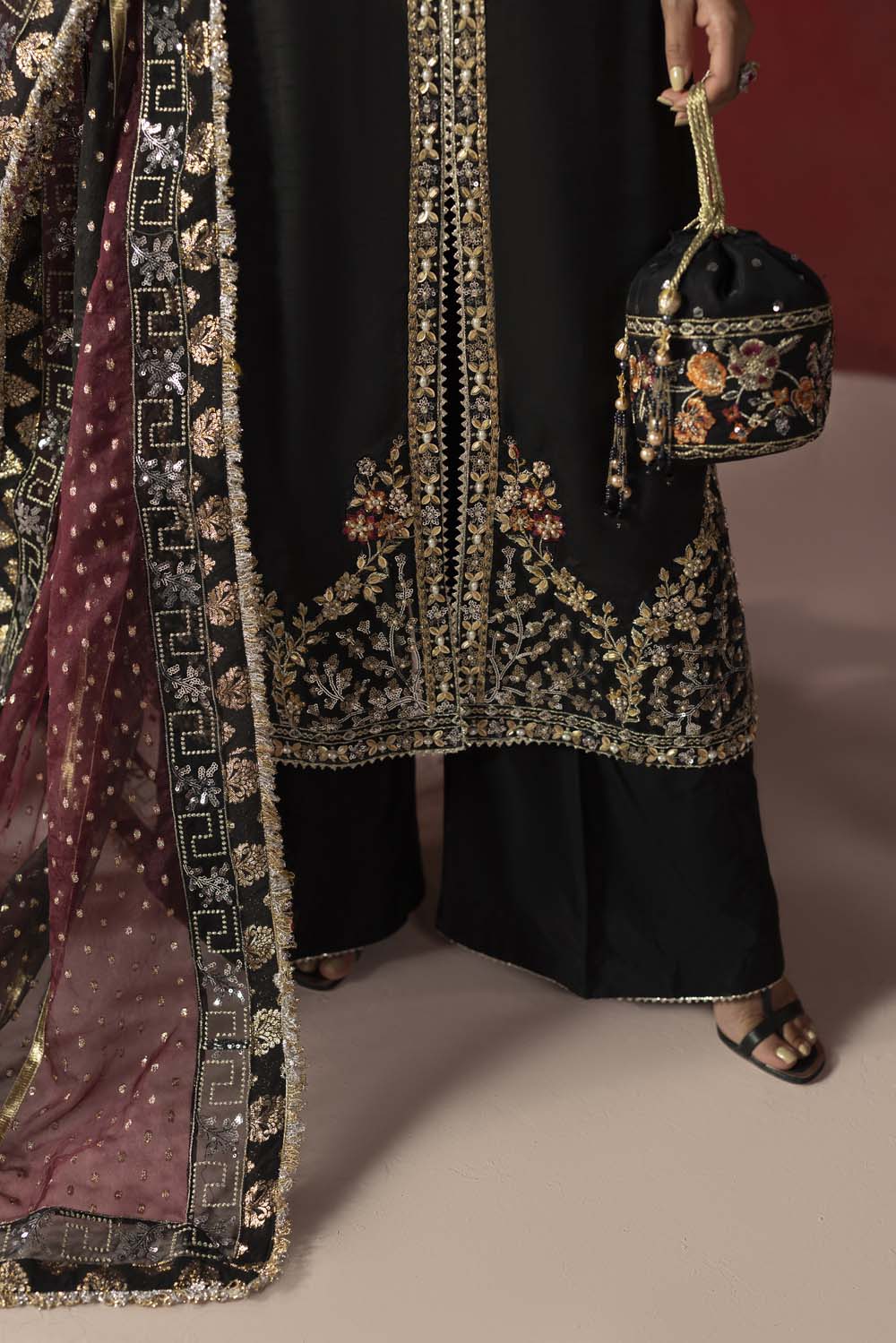 Raw Silk Hand-Embellished Suit — Black | Rosh Creations