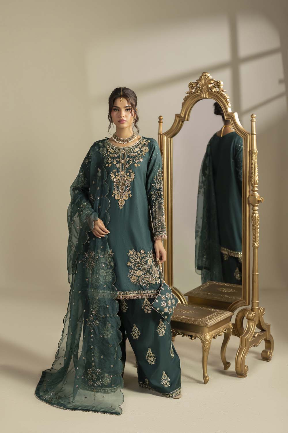 Raw Silk Hand-Embellished Suit — Bottle Green | Rosh Creations